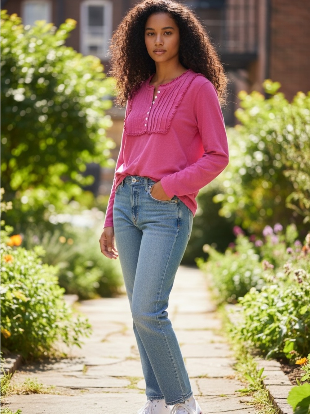 Easel Sm Fuchsia Blouse with Button Detail